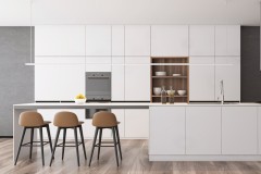 Interior of panoramic kitchen with concrete walls, wooden floor, white island with built in sink and cooker, white cupboards and bar with stools. 3d rendering