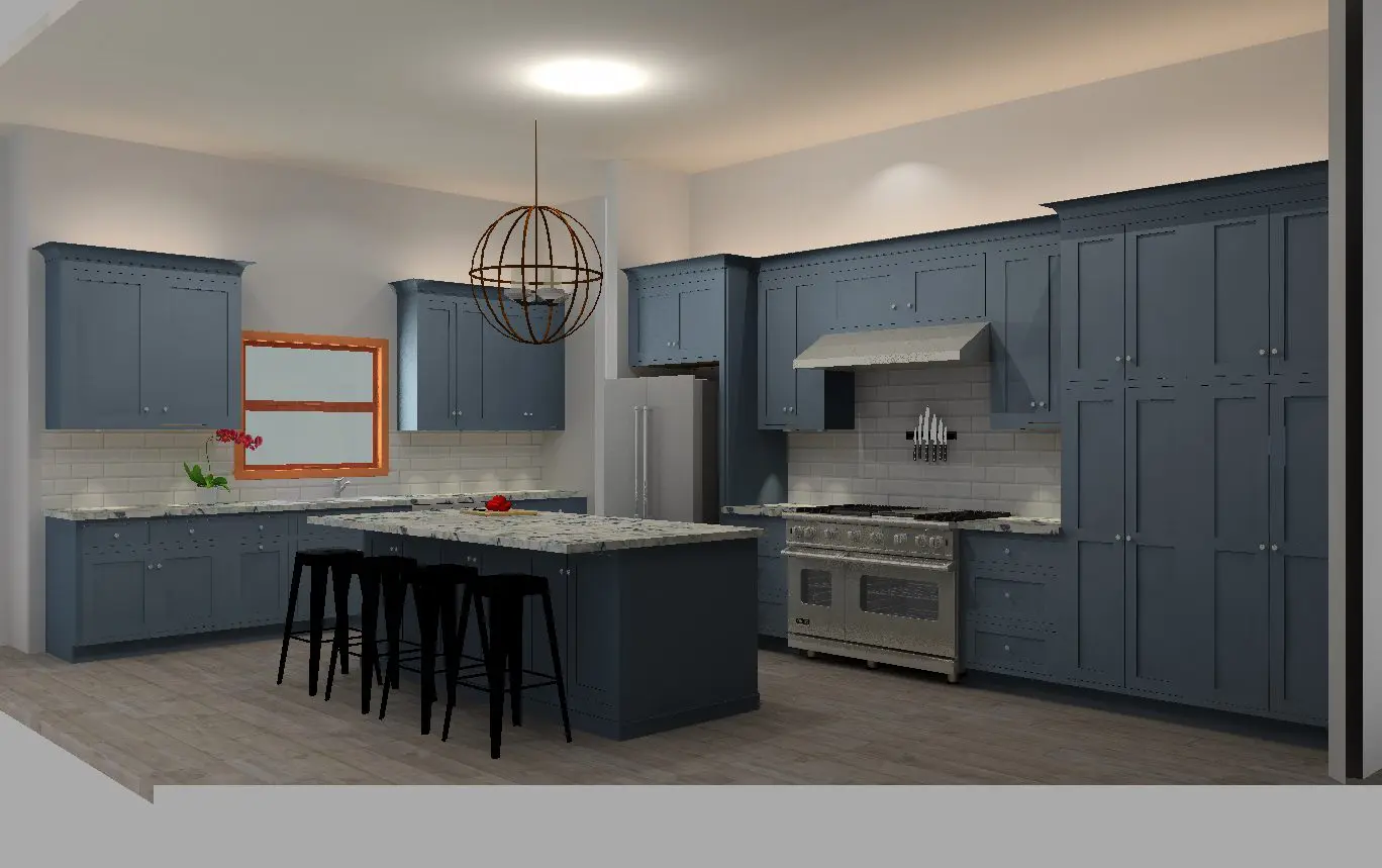 A 3D rendering of a modern kitchen design.