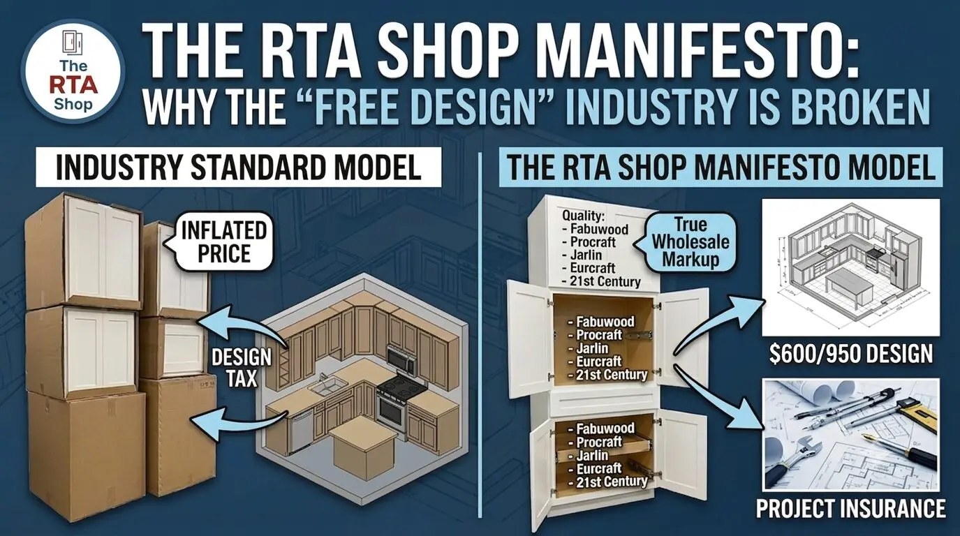 Infographic comparing the industry standard RTA cabinet pricing model, which hides a design tax in inflated cabinet prices, versus The RTA Shop transparent model offering wholesale Fabuwood, Procraft, and 21st Century cabinets with a true wholesale markup and separate professional design fees.