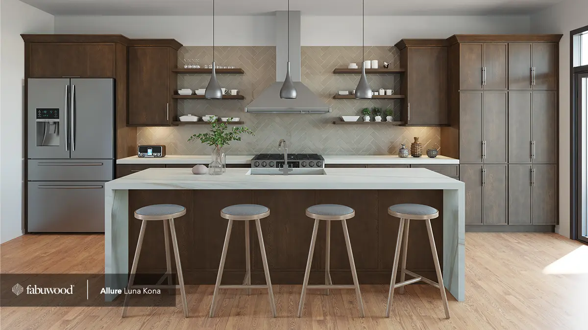 Fabuwood Allure Luna Kona dark brown espresso cabinets with a waterfall island, floating shelves, and herringbone tile backsplash