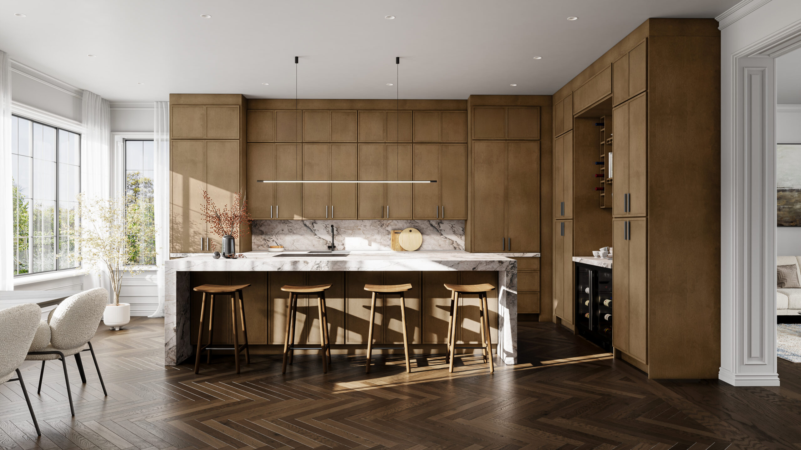Fabuwood Allure Luna Truffle medium brown stained cabinets in a modern kitchen layout with marble waterfall island and beverage bar